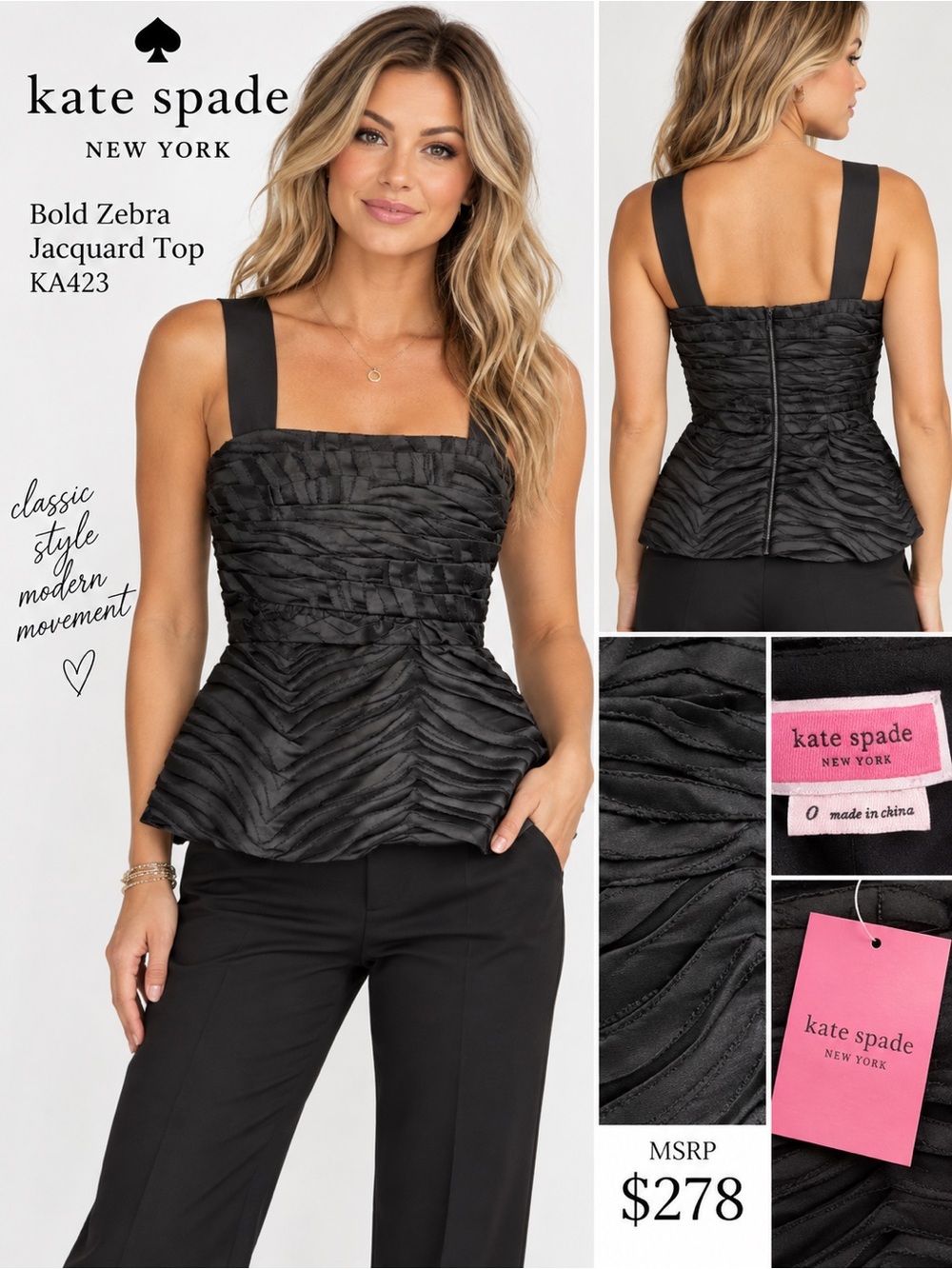 kate spade Black Bold Zebra Jacquard Peplum Tank Top